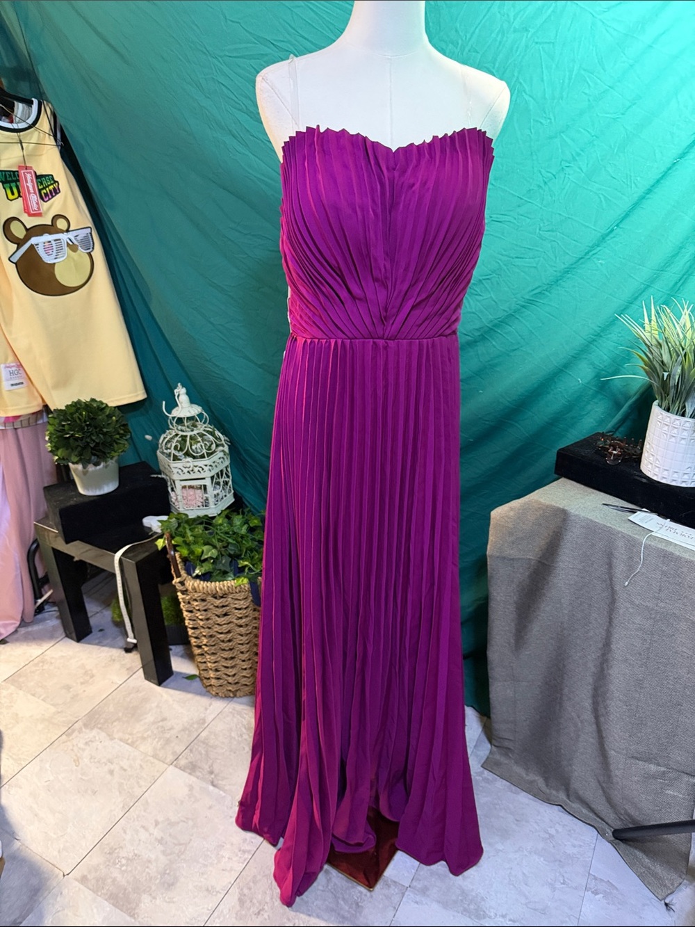 Strapless Pleated Maxi Dress in Fuchsia